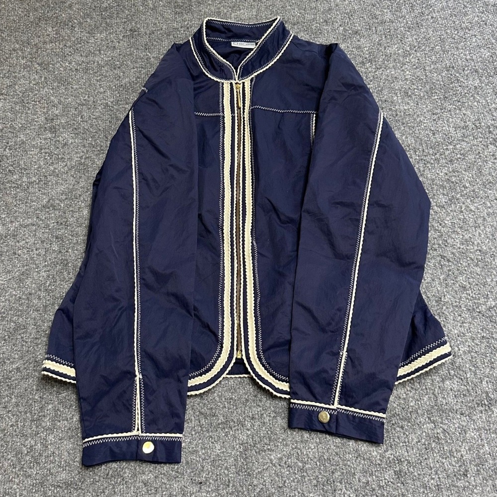Chico's Jacket Womens Size 2 Navy Blue Braided Trim Zip Up Lightweight Casual